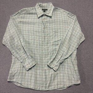Ermenegildo Zegna Shirt Mens XXL Teal Green Plaid Linen Cotton Blend Italy